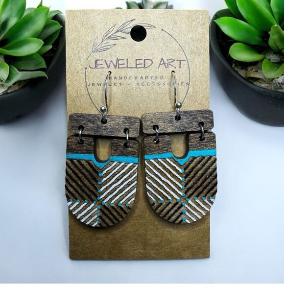 JEWELED ART Abstract Upside Down Arch Hand-Painted Wood Earrings Color block - Picture 1 of 3